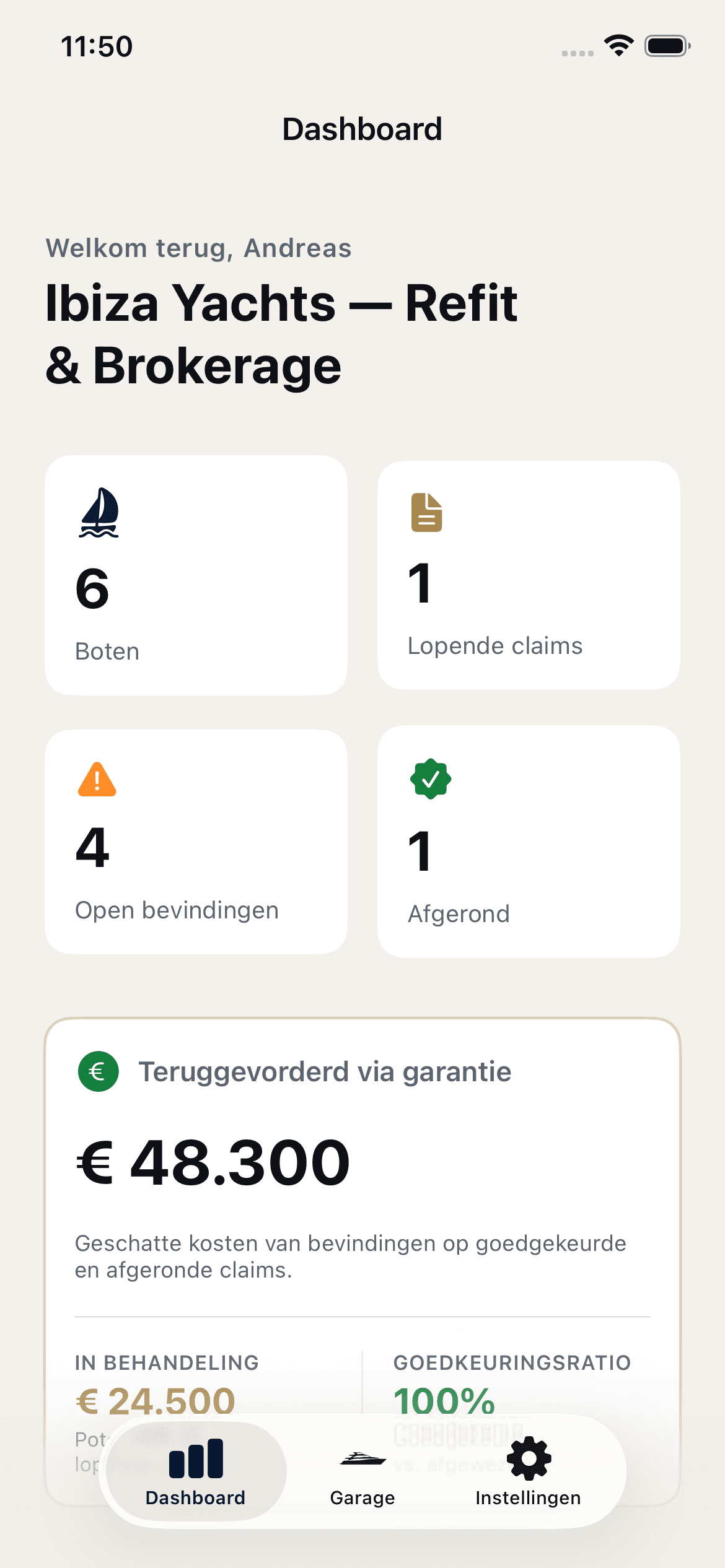 YachtClaim dashboard met teruggevorderd garantiegeld